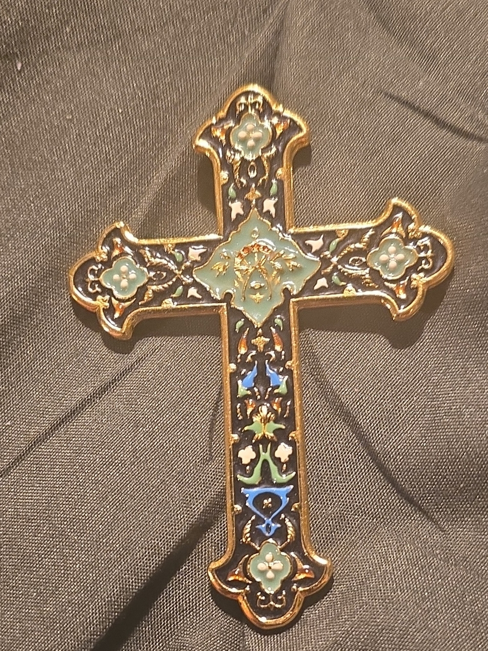 Gold-Tone Enamel Cross Brooch in Teal, Blue and Black